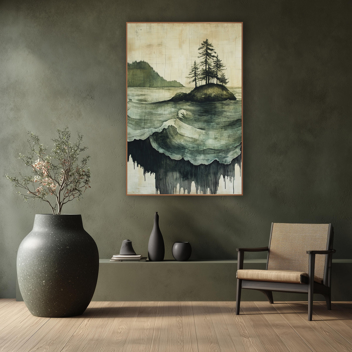 Evergreen Island Rolling Waves Japandi wall art in a calm Japandi-style room – seascape of a small rocky island