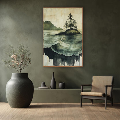 Evergreen Island Rolling Waves Japandi wall art in a calm Japandi-style room – seascape of a small rocky island