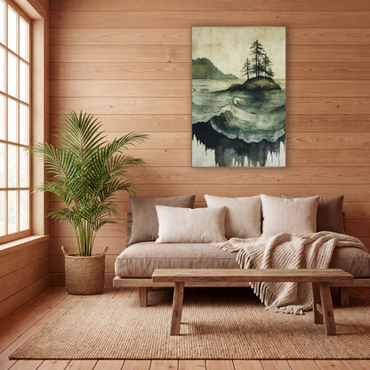 Evergreen Island Rolling Waves Japandi wall art in a calm Japandi-style room – seascape of a small rocky island