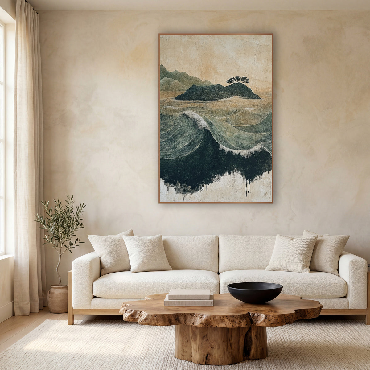 Green Island Ocean Waves Japandi wall art in a calm Japandi-style room – fine-lined green ocean waves roll around