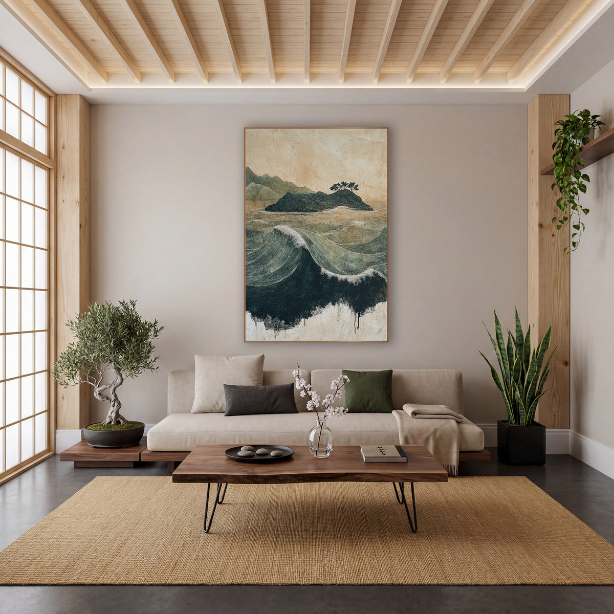 Green Island Ocean Waves Japandi wall art in a calm Japandi-style room – fine-lined green ocean waves roll around