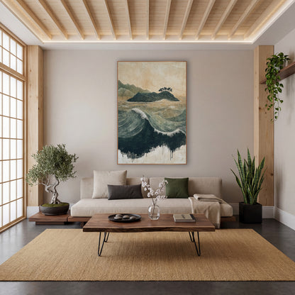 Green Island Ocean Waves Japandi wall art in a calm Japandi-style room – fine-lined green ocean waves roll around