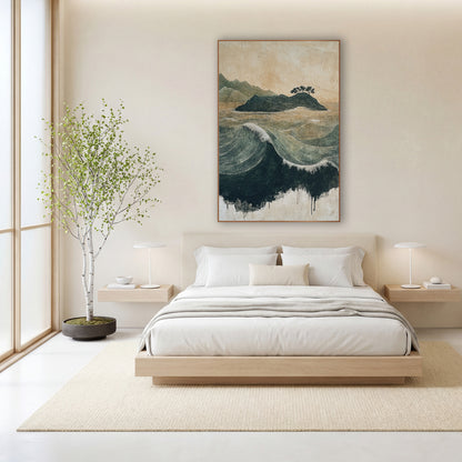Green Island Ocean Waves Japandi wall art in a calm Japandi-style room – fine-lined green ocean waves roll around