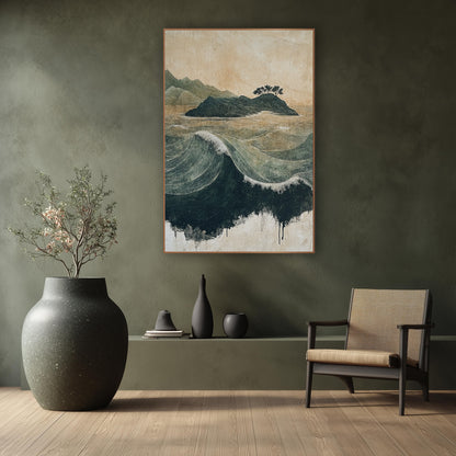 Green Island Ocean Waves Japandi wall art in a calm Japandi-style room – fine-lined green ocean waves roll around