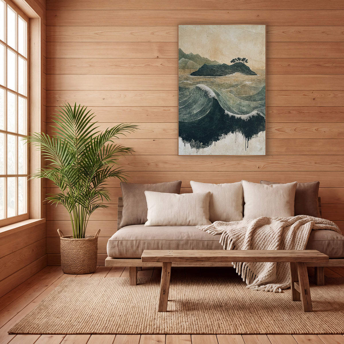 Green Island Ocean Waves Japandi wall art in a calm Japandi-style room – fine-lined green ocean waves roll around