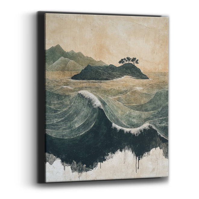 Green Island Ocean Waves Japandi Canvas Wall Art
