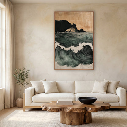 Rolling Sea Waves Japandi Coastal wall art in a calm Japandi-style room – deep green ocean waves with white foam
