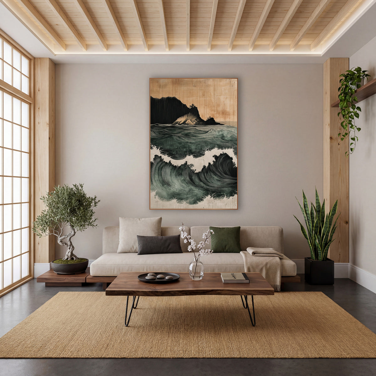 Rolling Sea Waves Japandi Coastal wall art in a calm Japandi-style room – deep green ocean waves with white foam