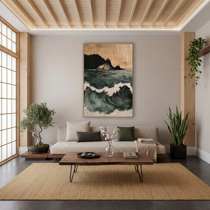 Rolling Sea Waves Japandi Coastal wall art in a calm Japandi-style room – deep green ocean waves with white foam