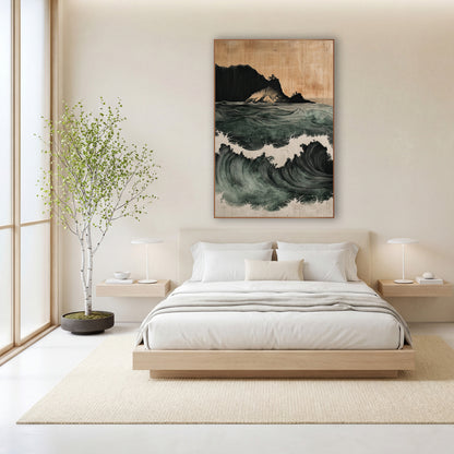 Rolling Sea Waves Japandi Coastal wall art in a calm Japandi-style room – deep green ocean waves with white foam