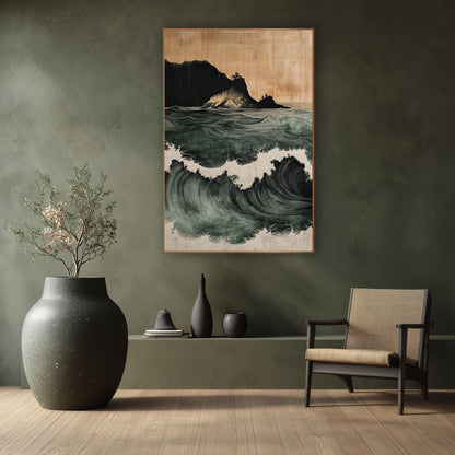 Rolling Sea Waves Japandi Coastal wall art in a calm Japandi-style room – deep green ocean waves with white foam