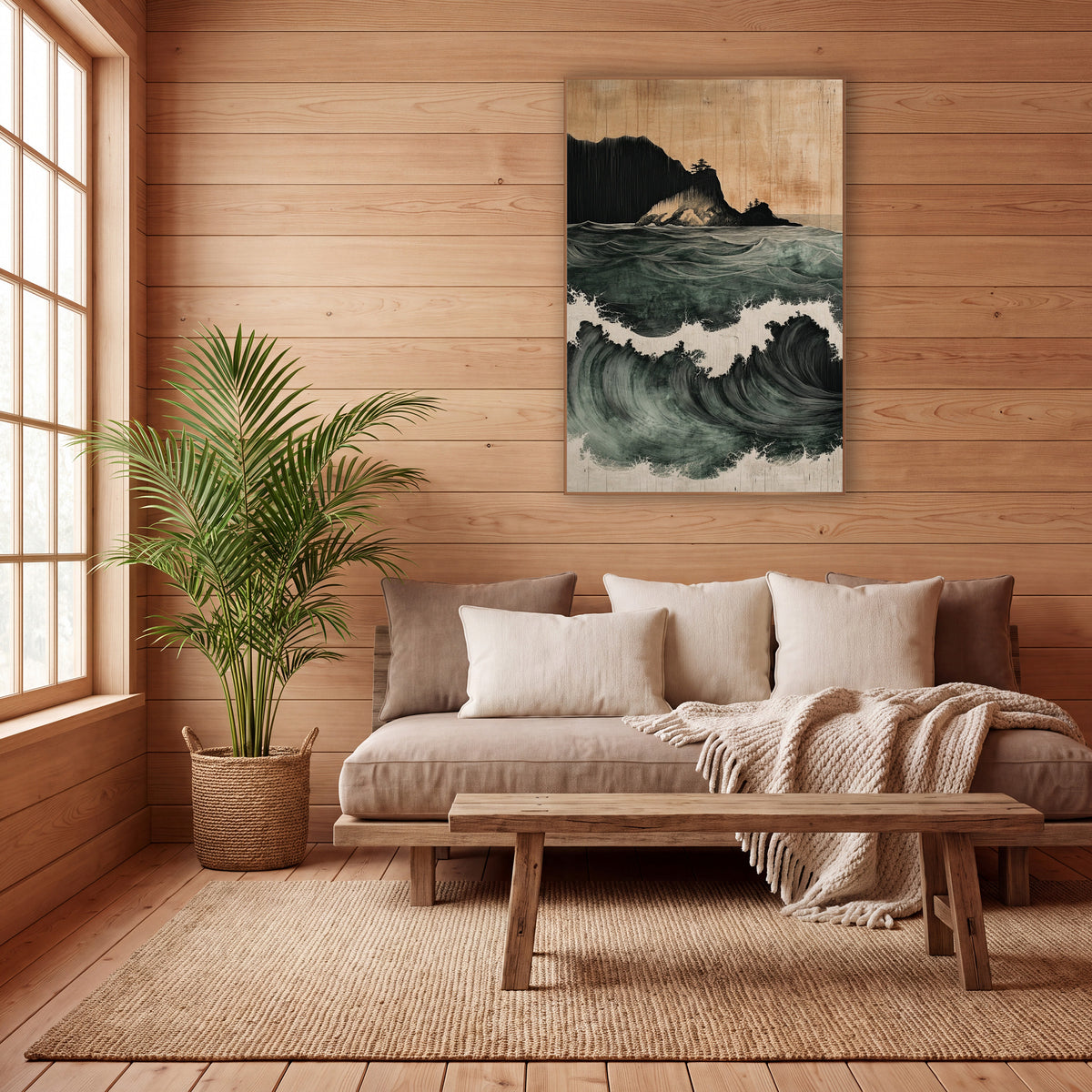 Rolling Sea Waves Japandi Coastal wall art in a calm Japandi-style room – deep green ocean waves with white foam