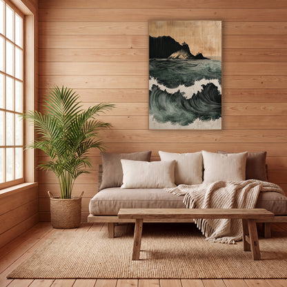 Rolling Sea Waves Japandi Coastal wall art in a calm Japandi-style room – deep green ocean waves with white foam