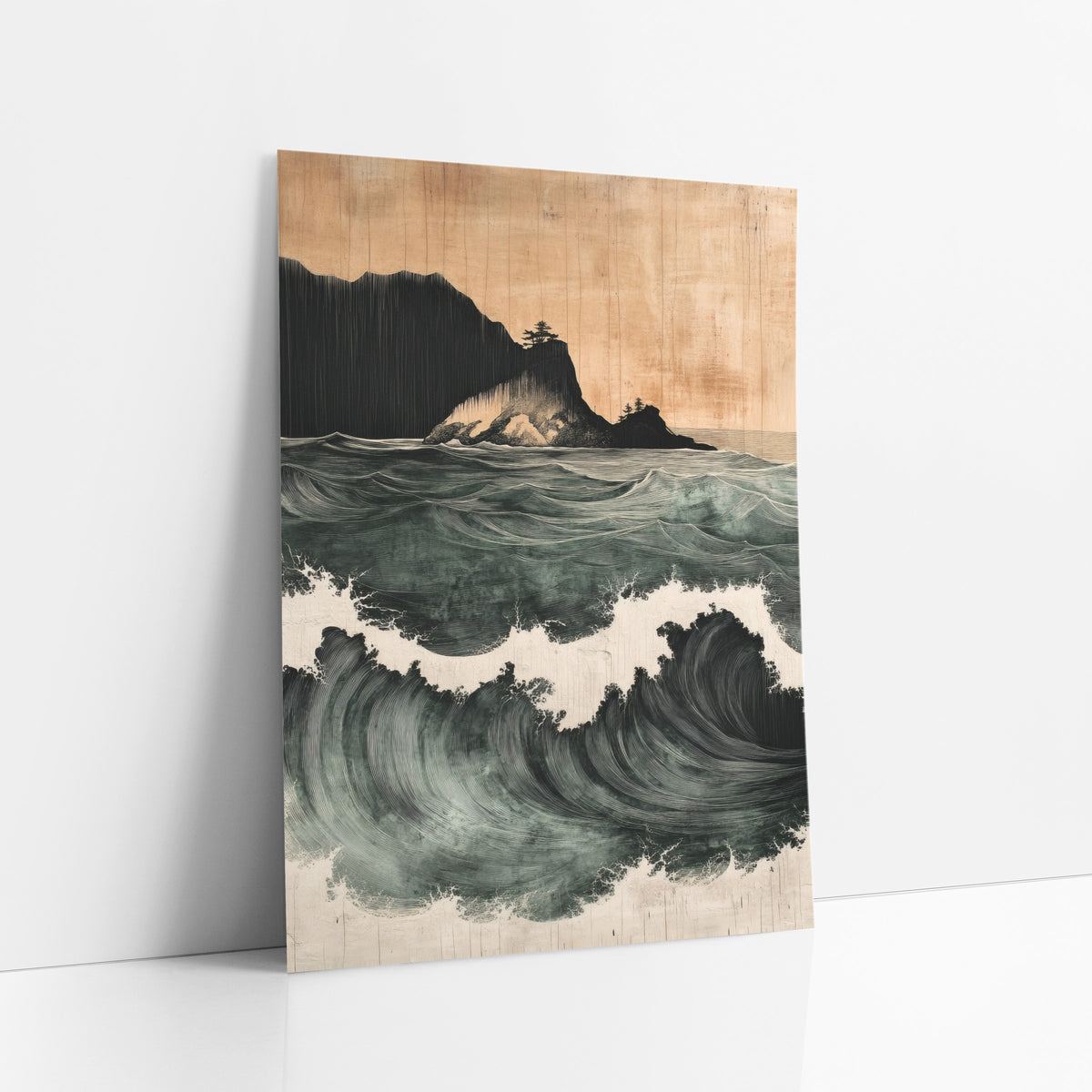 Rolling Sea Waves Japandi Coastal art print leaning against a white wall – deep green ocean waves with white foam crests