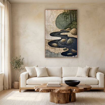 Winding River Stones Japandi Landscape wall art in a calm Japandi-style room – dark winding river with white swirl