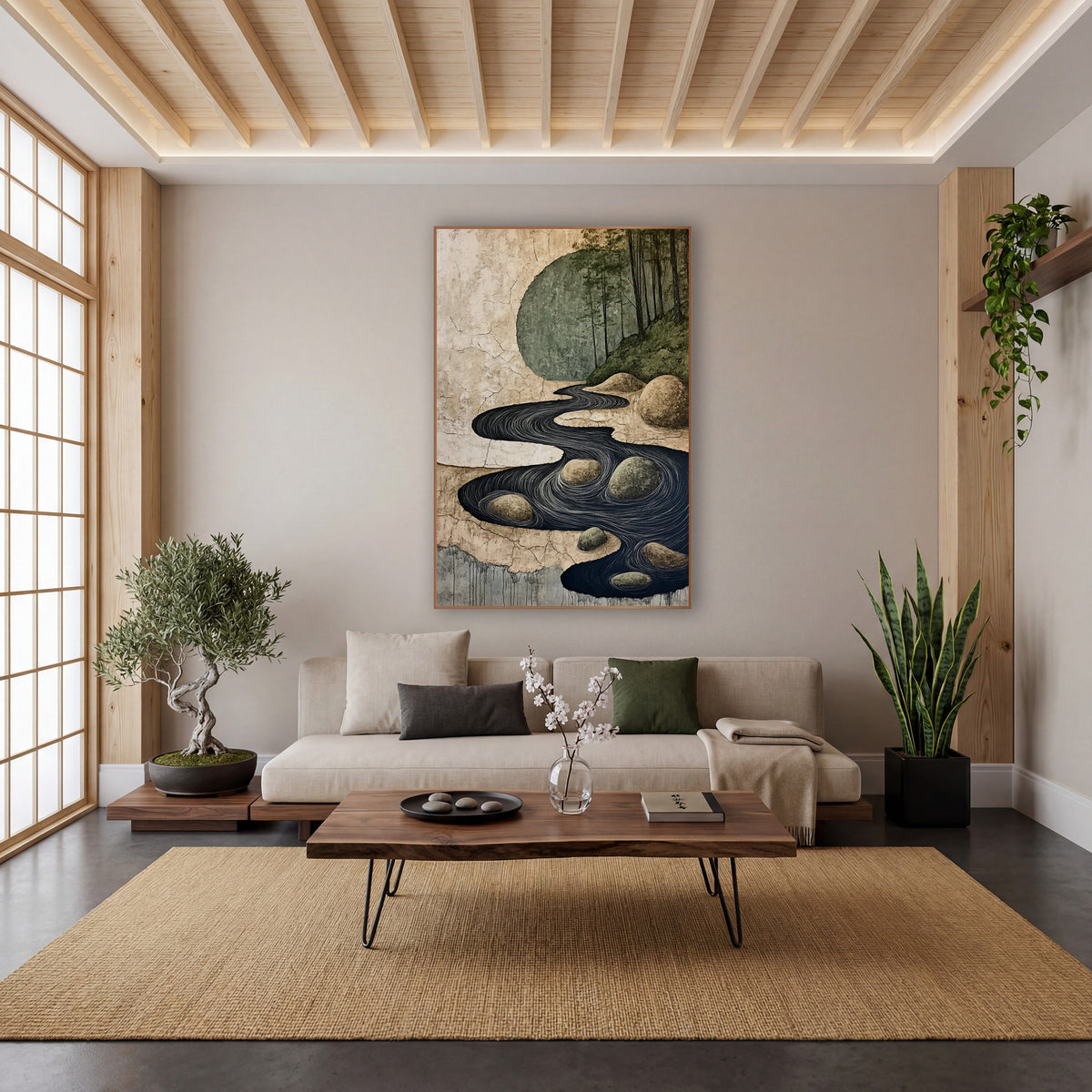 Winding River Stones Japandi Landscape wall art in a calm Japandi-style room – dark winding river with white swirl