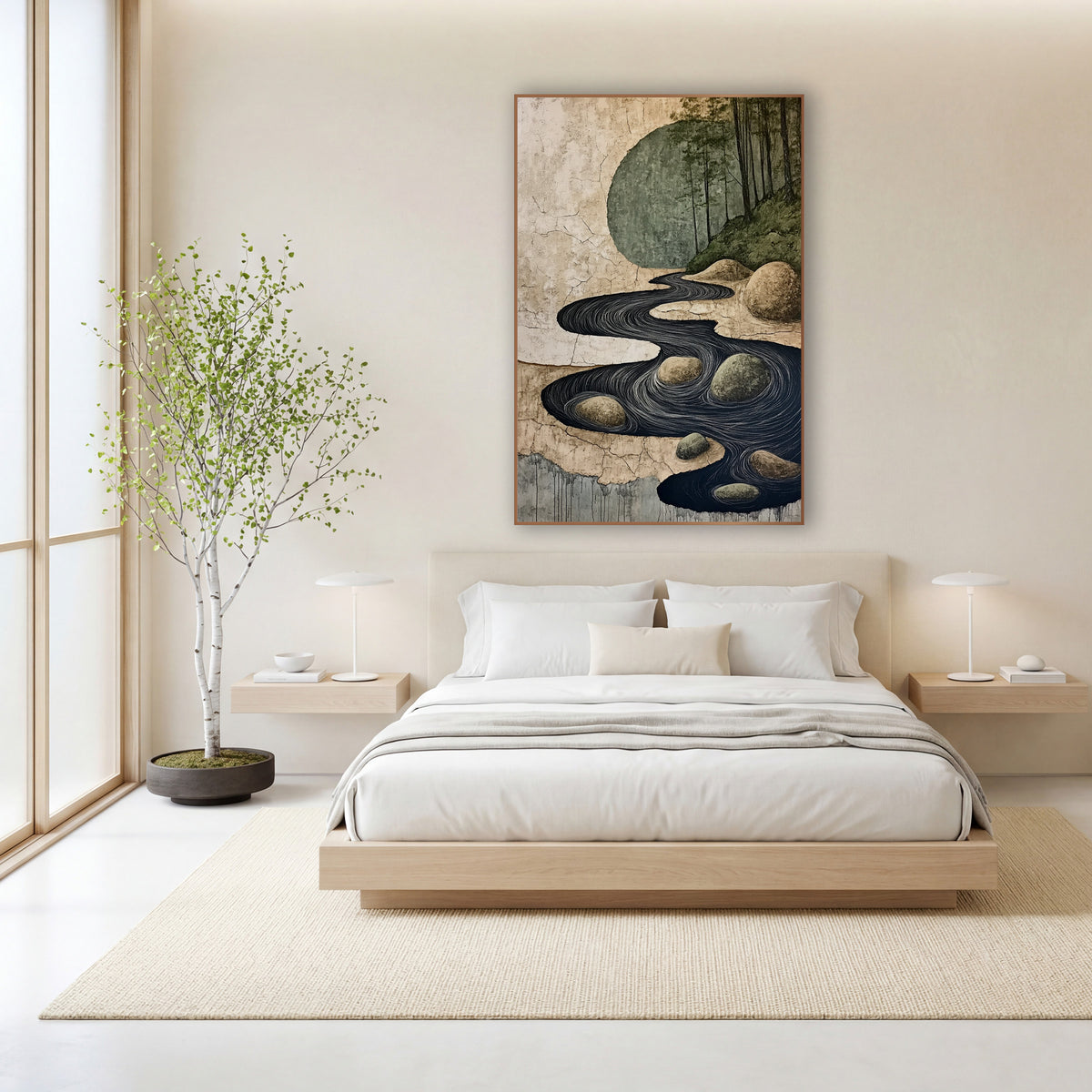 Winding River Stones Japandi Landscape wall art in a calm Japandi-style room – dark winding river with white swirl
