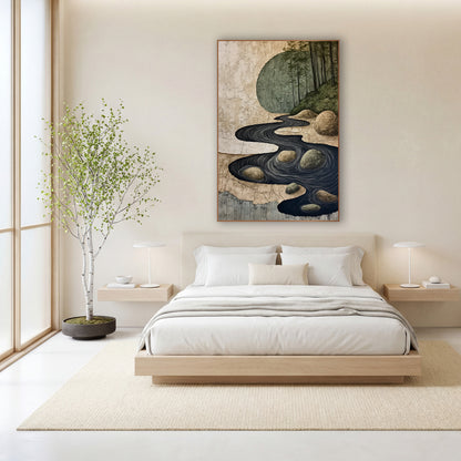 Winding River Stones Japandi Landscape wall art in a calm Japandi-style room – dark winding river with white swirl