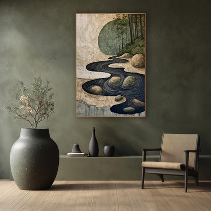 Winding River Stones Japandi Landscape wall art in a calm Japandi-style room – dark winding river with white swirl
