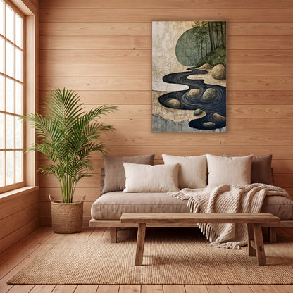 Winding River Stones Japandi Landscape wall art in a calm Japandi-style room – dark winding river with white swirl