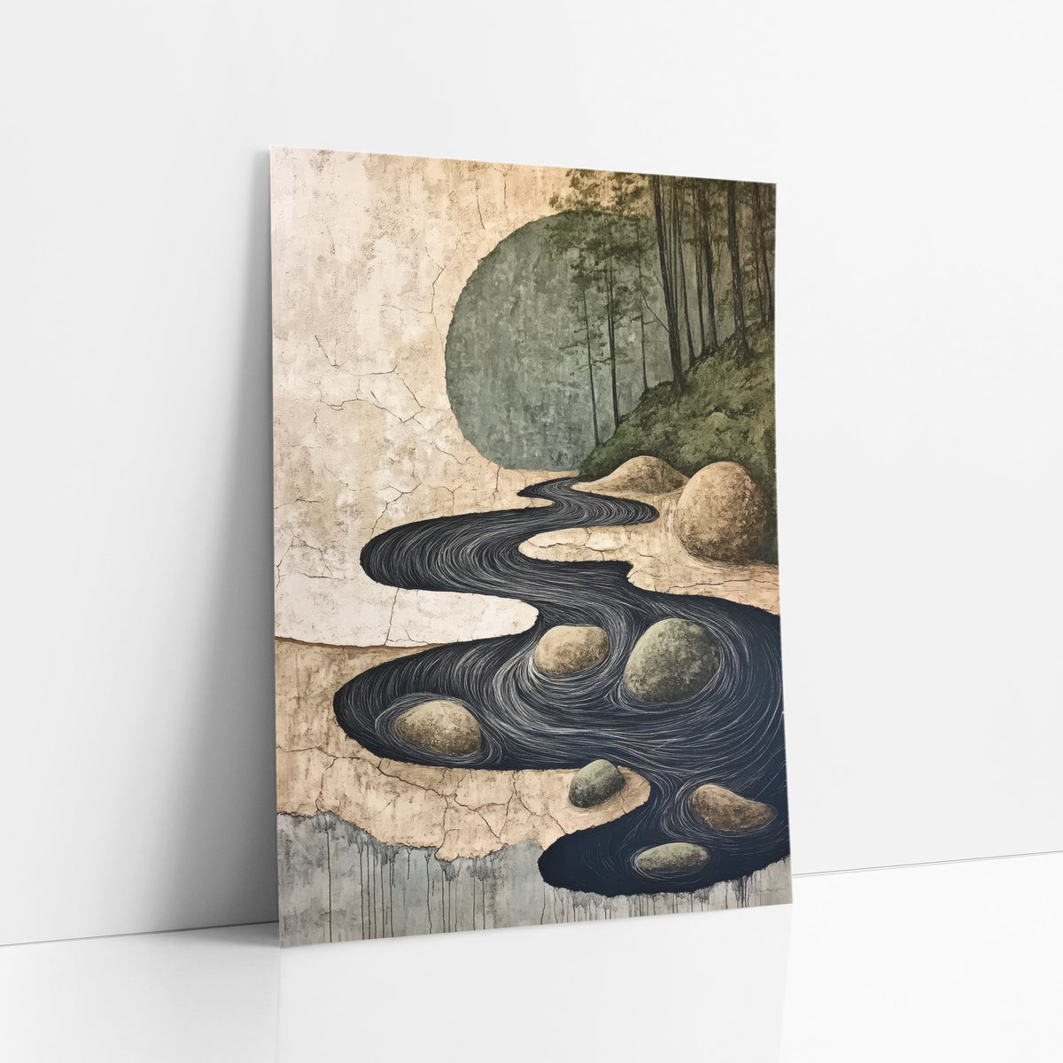 Winding River Stones Japandi Landscape art print leaning against a white wall – dark winding river with white swirl lines