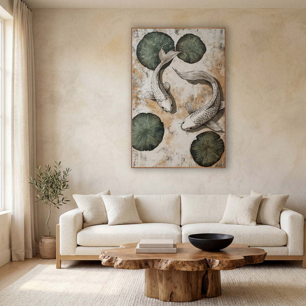 Two Koi Lily Pads Japandi wall art in a calm Japandi-style room – two white koi fish circling among four sage green