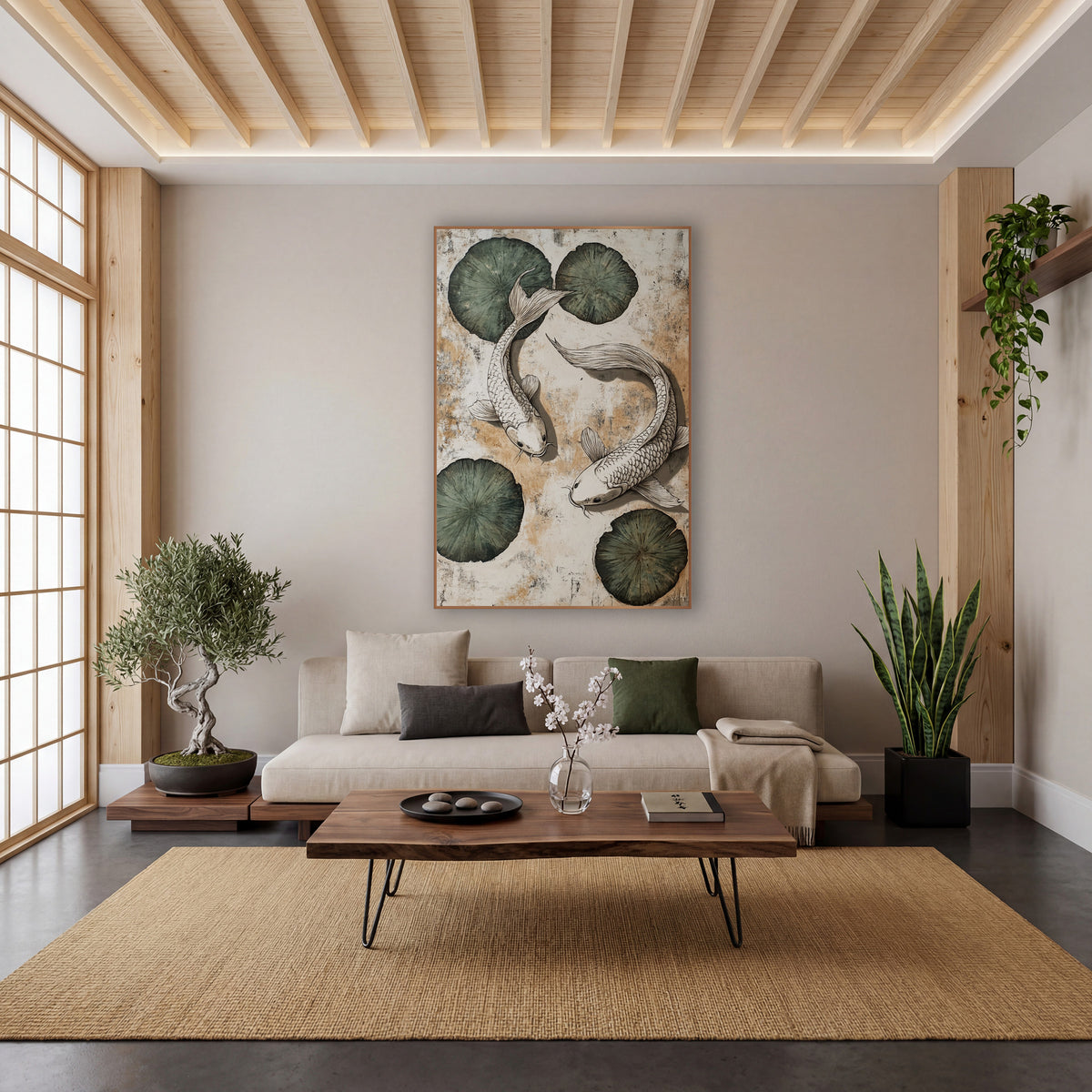 Two Koi Lily Pads Japandi wall art in a calm Japandi-style room – two white koi fish circling among four sage green