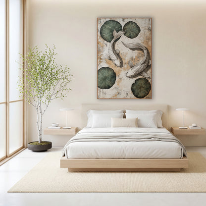 Two Koi Lily Pads Japandi wall art in a calm Japandi-style room – two white koi fish circling among four sage green