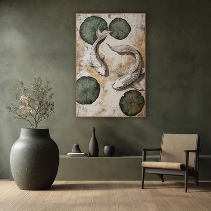 Two Koi Lily Pads Japandi wall art in a calm Japandi-style room – two white koi fish circling among four sage green
