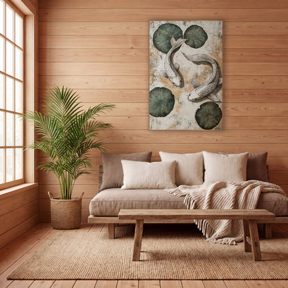 Two Koi Lily Pads Japandi wall art in a calm Japandi-style room – two white koi fish circling among four sage green