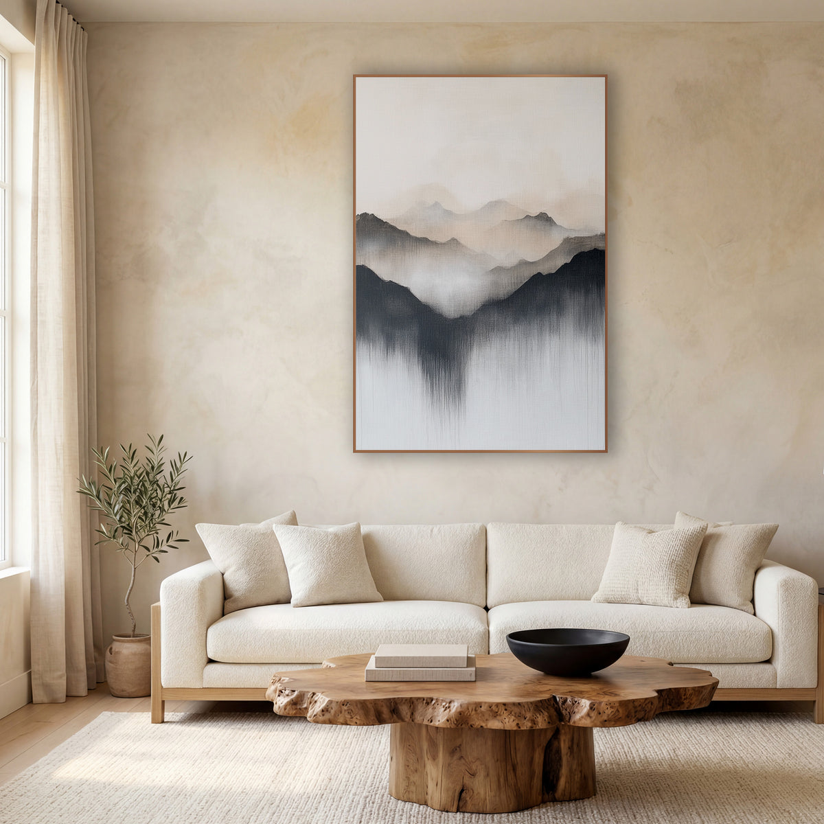 Misty Mountain Ridges Japandi wall art in a calm Japandi-style room – abstract mountain ridges in charcoal, beige