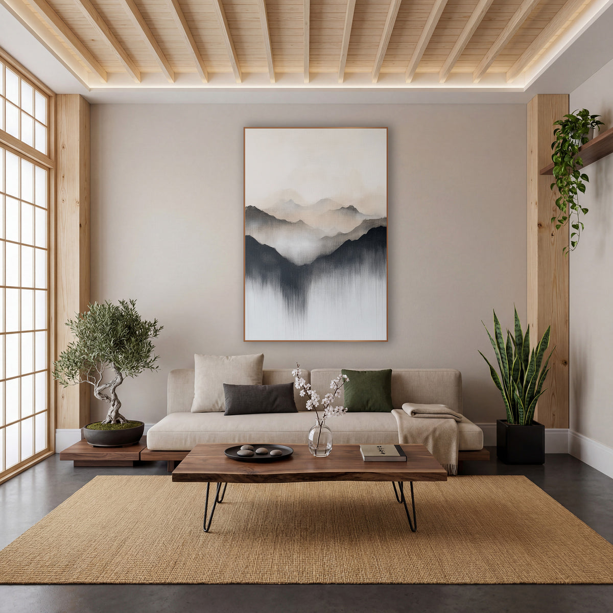 Misty Mountain Ridges Japandi wall art in a calm Japandi-style room – abstract mountain ridges in charcoal, beige