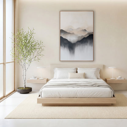 Misty Mountain Ridges Japandi wall art in a calm Japandi-style room – abstract mountain ridges in charcoal, beige