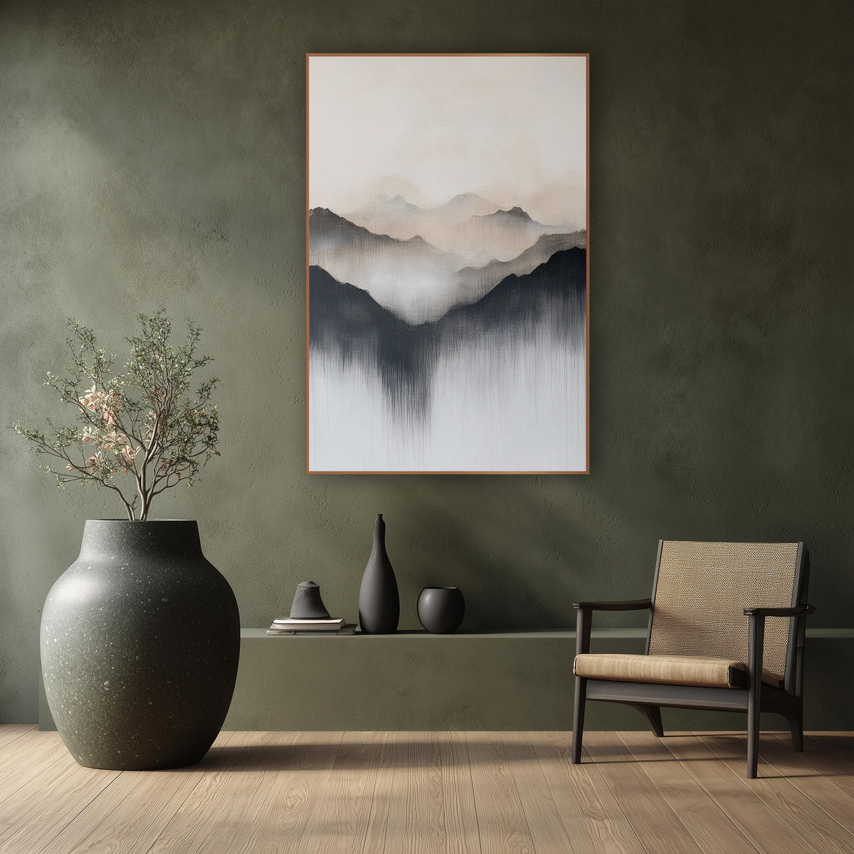 Misty Mountain Ridges Japandi wall art in a calm Japandi-style room – abstract mountain ridges in charcoal, beige