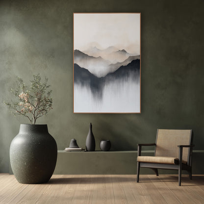 Misty Mountain Ridges Japandi wall art in a calm Japandi-style room – abstract mountain ridges in charcoal, beige