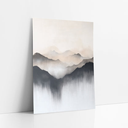 Misty Mountain Ridges Japandi art print leaning against a white wall – abstract mountain ridges in charcoal, beige and gray