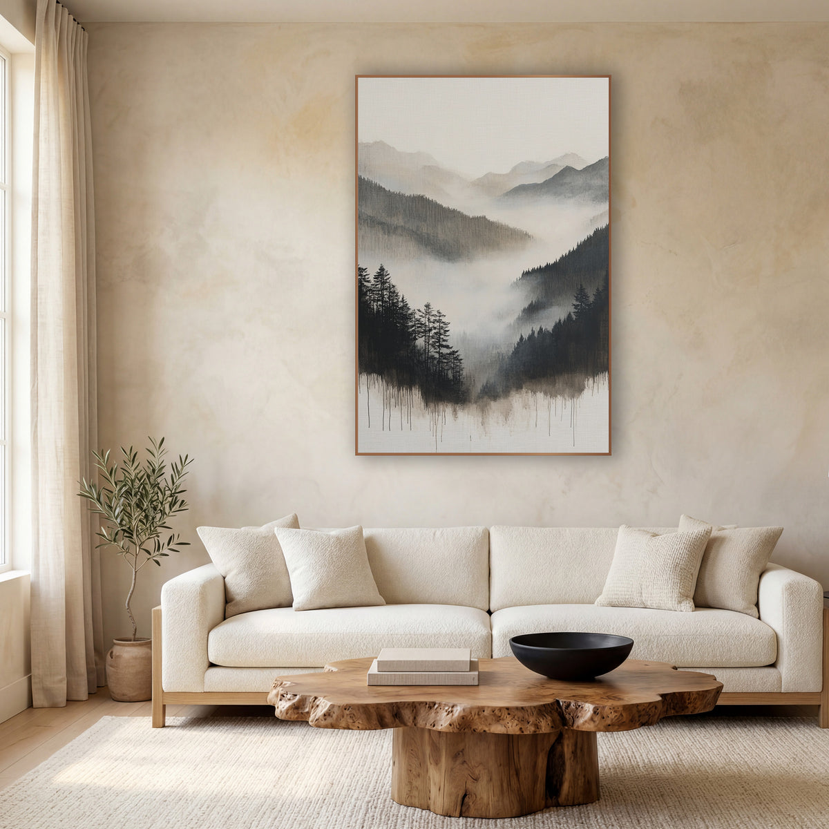 Dripping Ink Pine Valley Sumi wall art in a calm Japandi-style room – misty mountain valley with dark evergreens