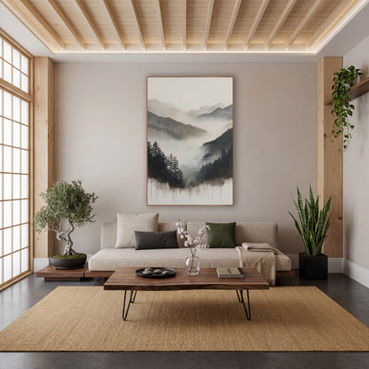Dripping Ink Pine Valley Sumi wall art in a calm Japandi-style room – misty mountain valley with dark evergreens