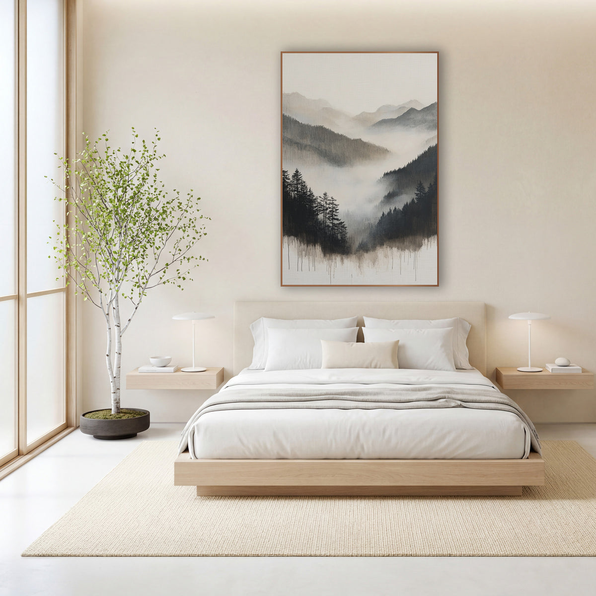 Dripping Ink Pine Valley Sumi wall art in a calm Japandi-style room – misty mountain valley with dark evergreens