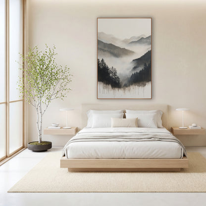 Dripping Ink Pine Valley Sumi wall art in a calm Japandi-style room – misty mountain valley with dark evergreens