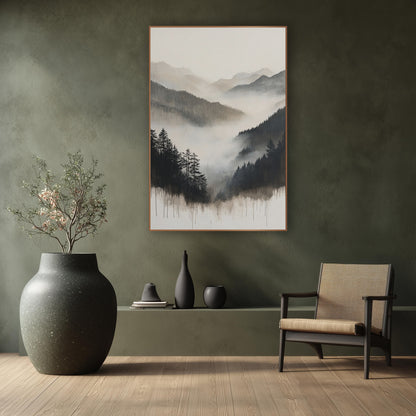 Dripping Ink Pine Valley Sumi wall art in a calm Japandi-style room – misty mountain valley with dark evergreens