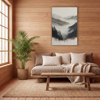Dripping Ink Pine Valley Sumi wall art in a calm Japandi-style room – misty mountain valley with dark evergreens