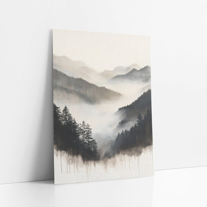 Dripping Ink Pine Valley Sumi art print leaning against a white wall – misty mountain valley with dark evergreens on both