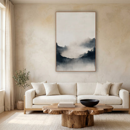 Misty Ridge Ink Japandi wall art in a calm Japandi-style room – misty landscape with dark evergreen ridges, soft fog