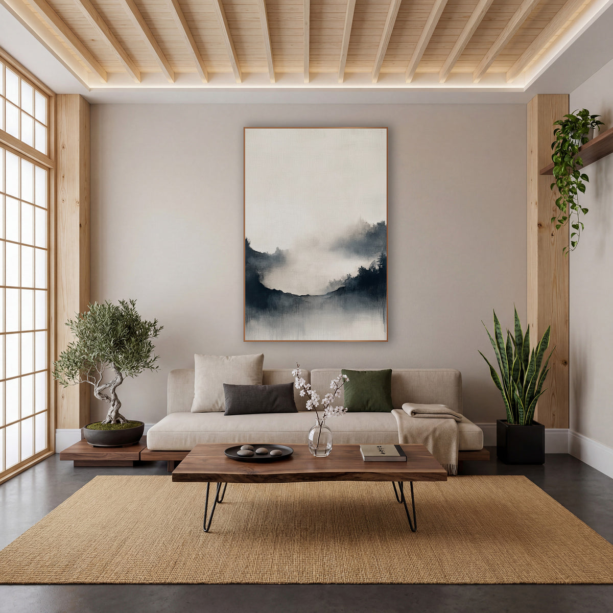 Misty Ridge Ink Japandi wall art in a calm Japandi-style room – misty landscape with dark evergreen ridges, soft fog
