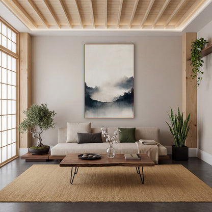 Misty Ridge Ink Japandi wall art in a calm Japandi-style room – misty landscape with dark evergreen ridges, soft fog