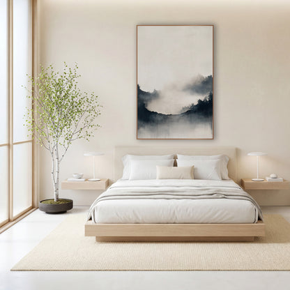 Misty Ridge Ink Japandi wall art in a calm Japandi-style room – misty landscape with dark evergreen ridges, soft fog