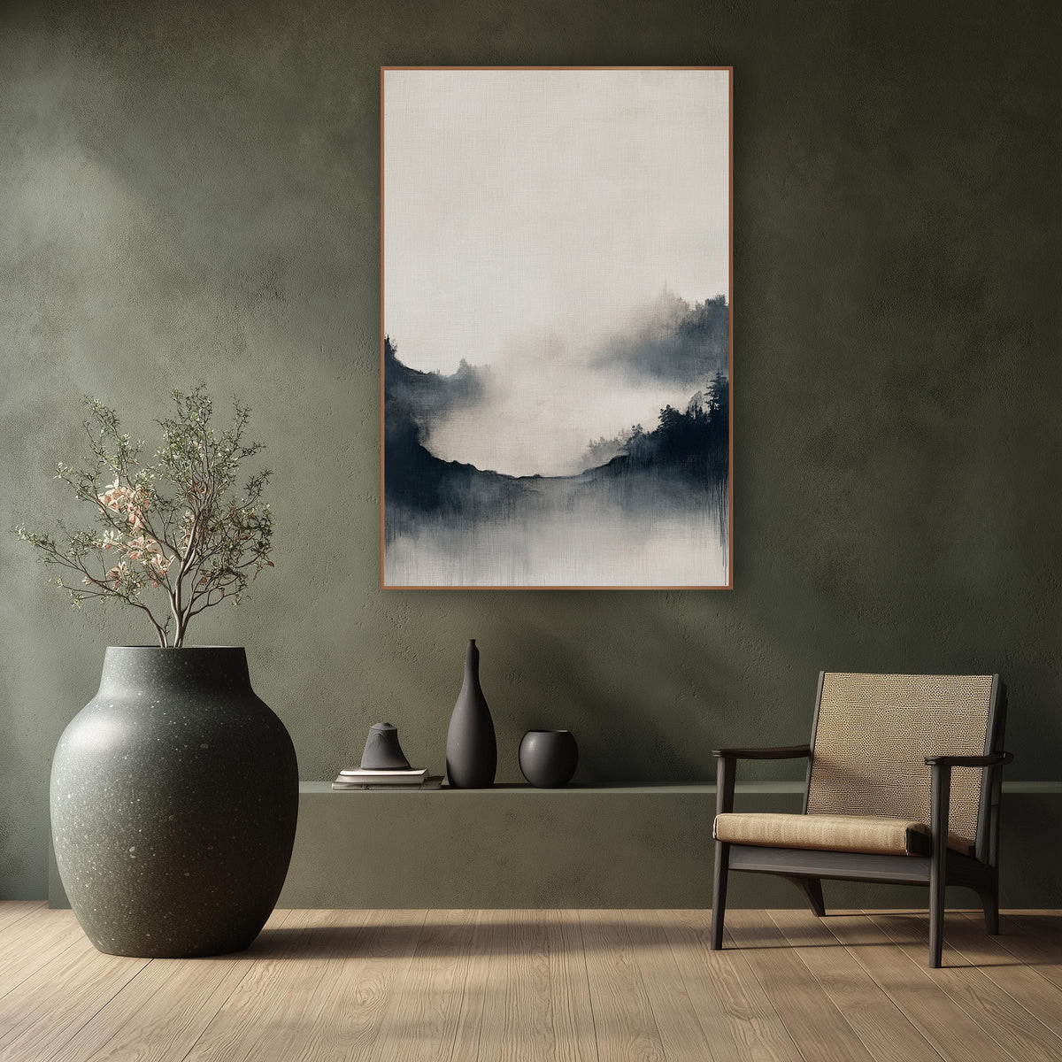 Misty Ridge Ink Japandi wall art in a calm Japandi-style room – misty landscape with dark evergreen ridges, soft fog