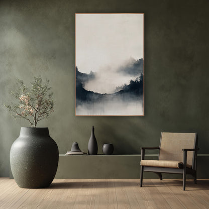 Misty Ridge Ink Japandi wall art in a calm Japandi-style room – misty landscape with dark evergreen ridges, soft fog