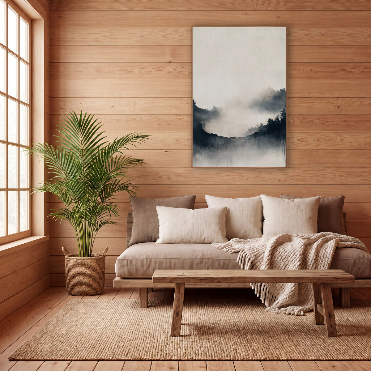 Misty Ridge Ink Japandi wall art in a calm Japandi-style room – misty landscape with dark evergreen ridges, soft fog
